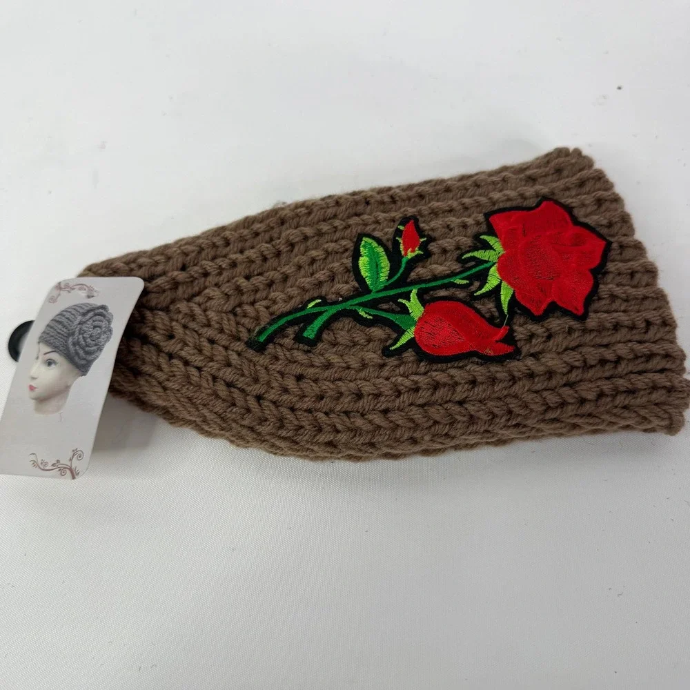 New Rose Embroidered Knit Headband Ear Warmer Brown Floral WT-510R
